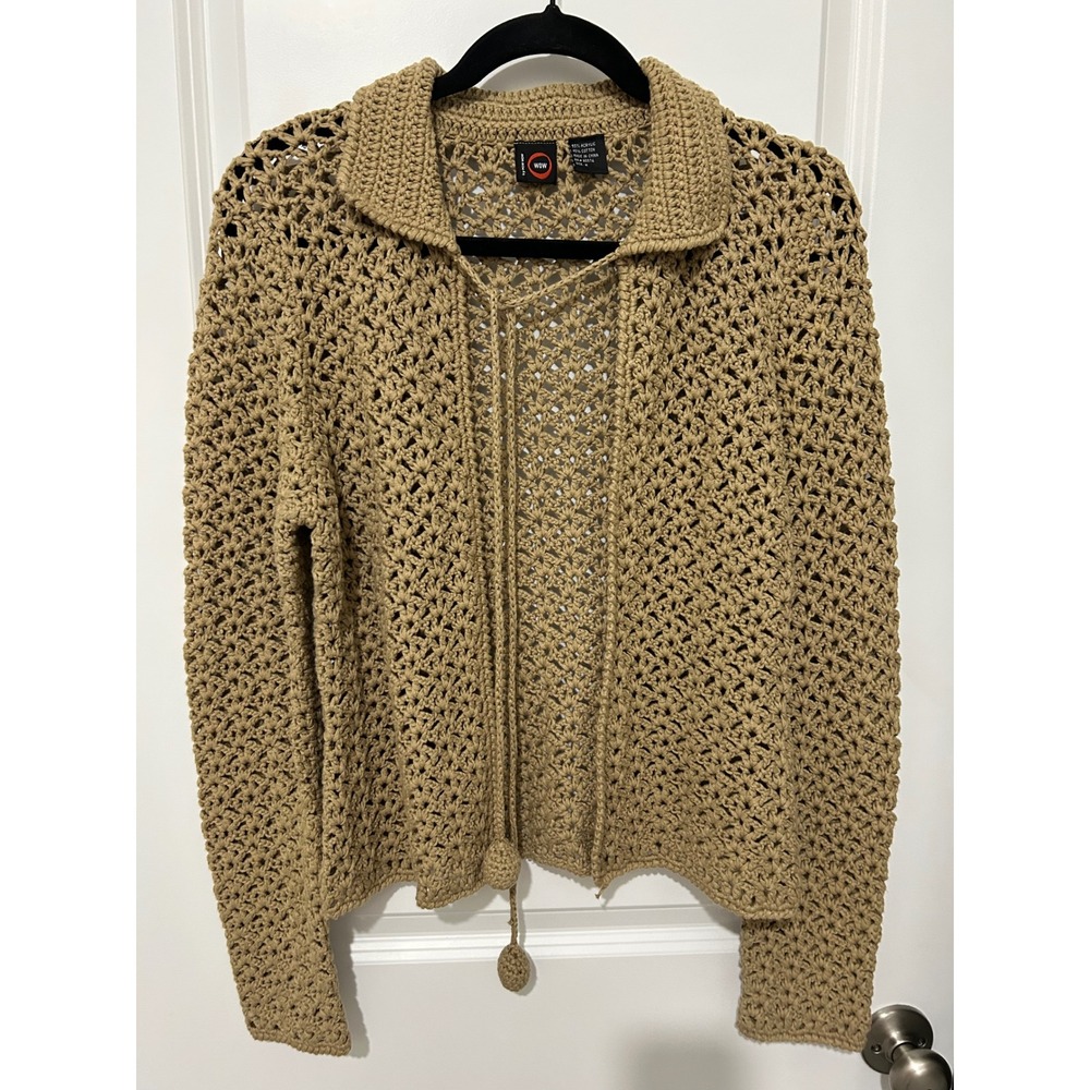 WOW by WOW Crochet Knit Cardigan Sweater Beige Open Front Tie Closure Women's M
